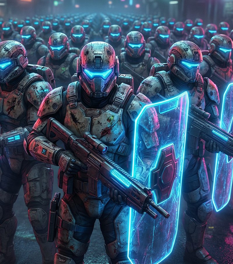 Armored soldiers with energy shields